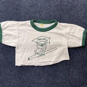 Vintage Velva Sheen Shirt Youth 14-16 White Camp Hoot Owl Ringer Crop Tee